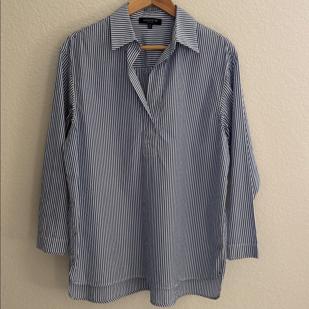 Lafayette 148 New York Blue & White Stripe Blouse Size M